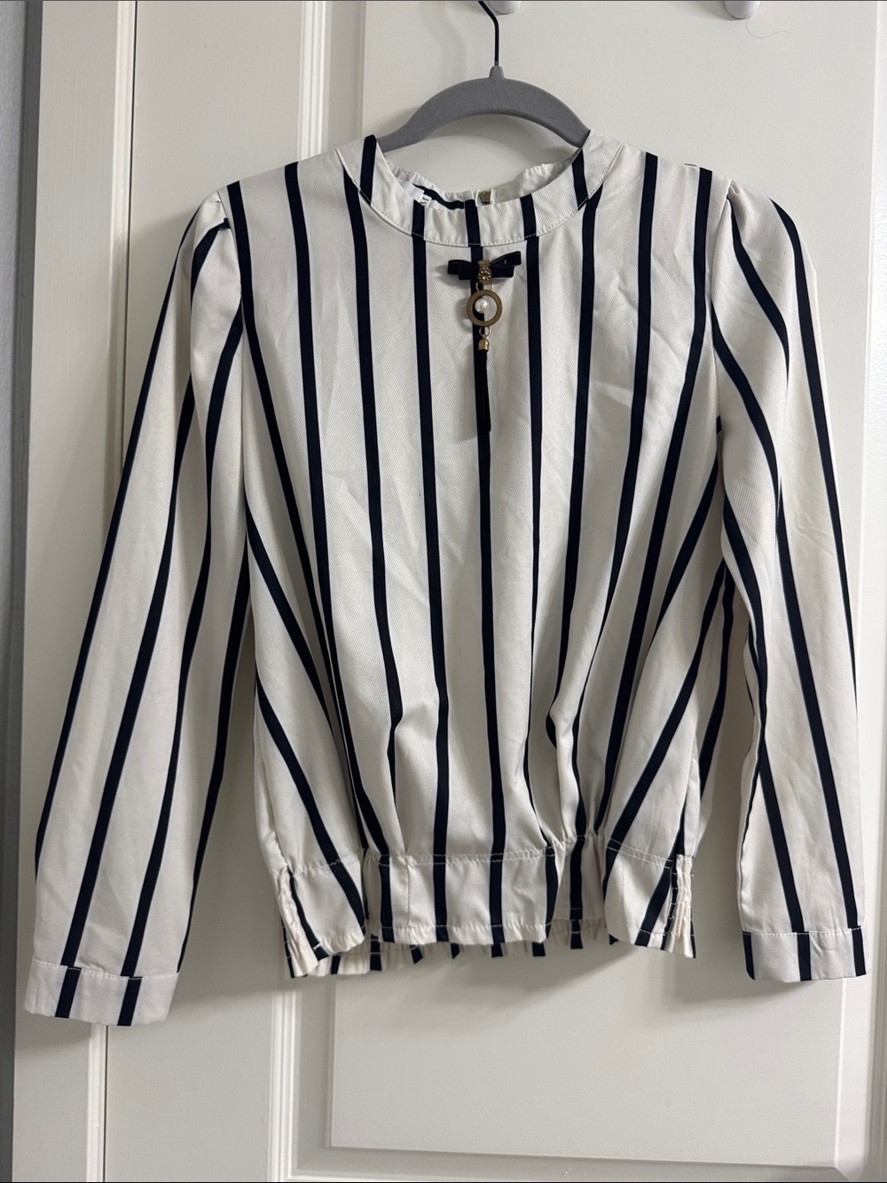 Striped Long Sleeve Blouse - White & Navy